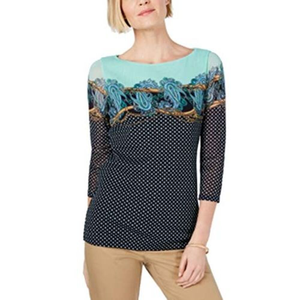 Charter Club Mixed-Print Chiffon-Sleeve Top (Blue, XS)